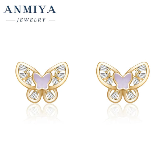 Hollow Out 925 Sterling Silver 18K Gold Plated Pink Shell Zircon Butterfly Sutd Earrings for Bestfriends Girlfriend