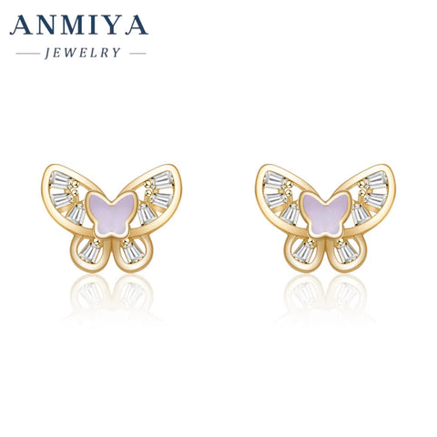 ANMIYA Pink Butterfly Piercing Earrings Silver 925 Pearl Zircon Stud Earrings for Women