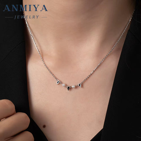 ANMIYA Fashionable 925 Silver Black Rhomboid Nature Fresh Water Pearl Charm Collarbone Necklace