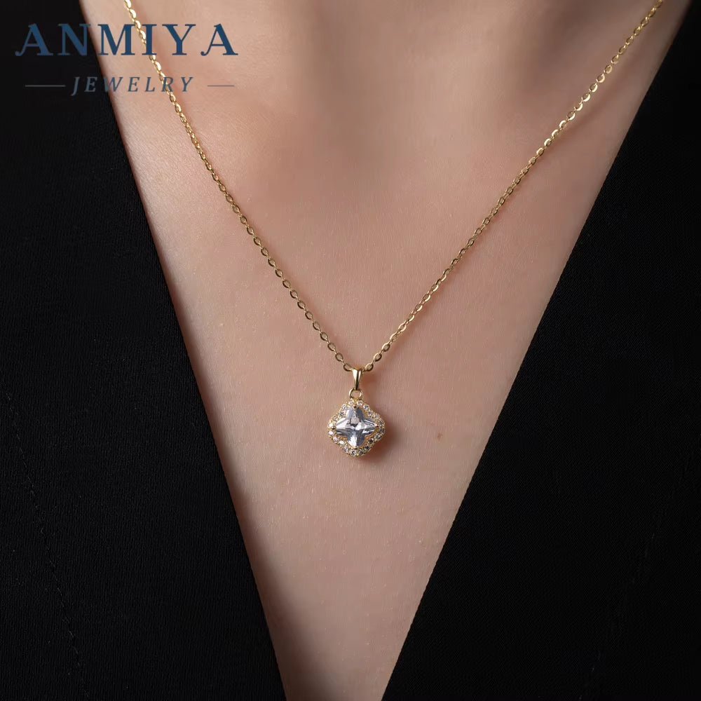 ANMIYA Custom OEM Fine Jewelry Romantic 925 Sterling Silver Four Leaf Clover Flower Pendant Trendy Unisex Engagement Women