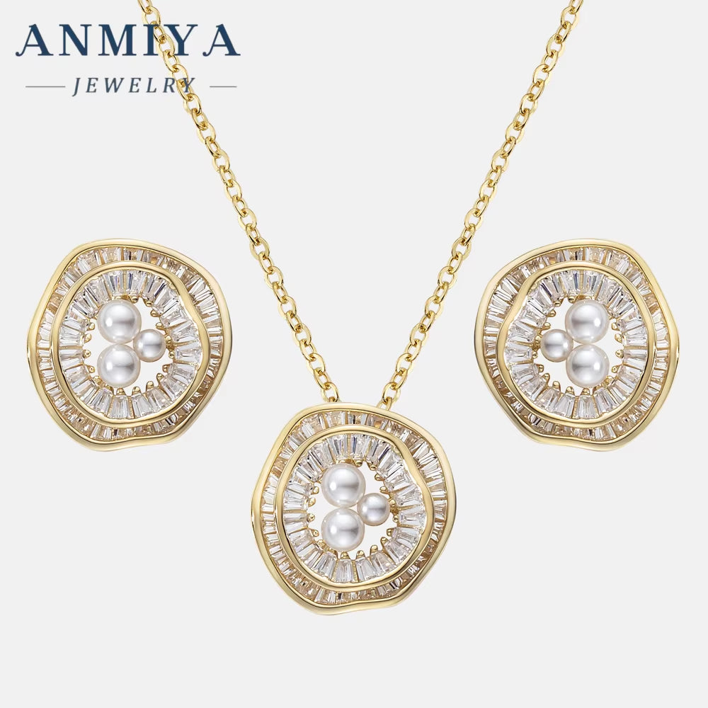 Gold Plated Freshwater Pearl Zircon Flower Pendant Necklace Stud Earrings Set Fine Jewelry for Women