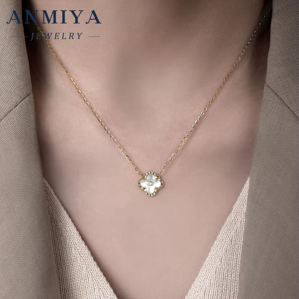 Hypoallergenic Lucky Clover Motif Silver 925 Set with Centered Zircon Inlay Necklace and Earring Sets for Jewelry Lovers