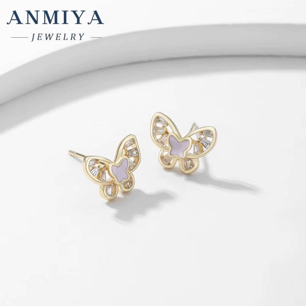 ANMIYA Pink Butterfly Piercing Earrings Silver 925 Pearl Zircon Stud Earrings for Women