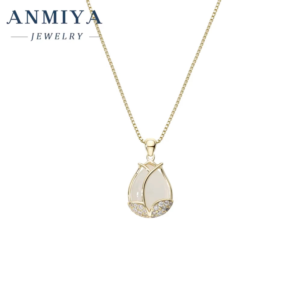 New Chalcedony Tulip Necklace Pendant Temperament Diamond 18K Gold Plated Chain Flower Necklace Birthday Gift Girl