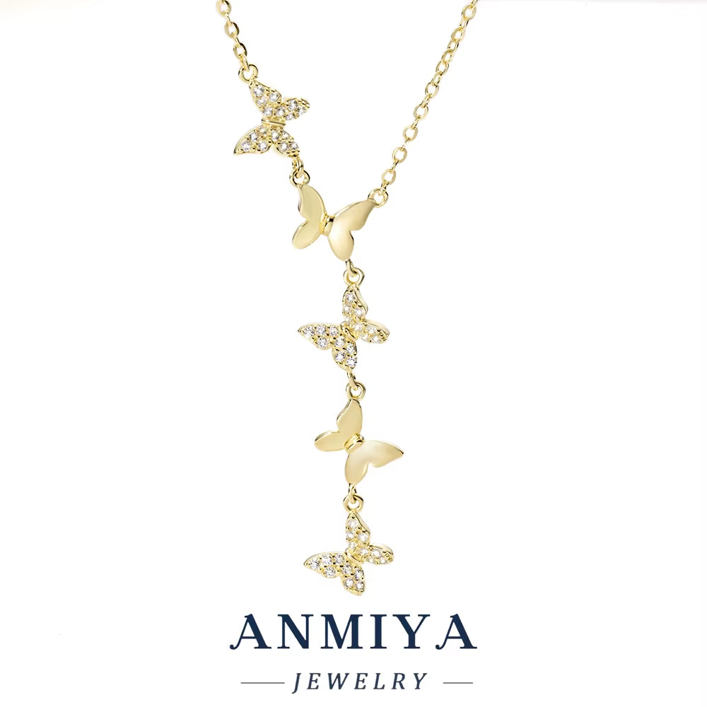 ANMIYA 925 Sterling Silver Butterfly Five Hanging Pendant Necklace with Zirconia Inlay Necklace