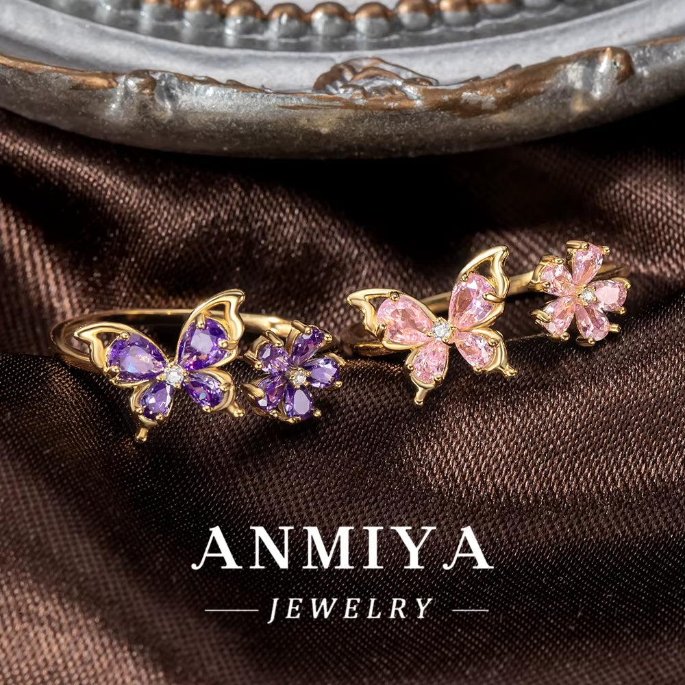 925 Sterling Silver Wholesale Butterfly Ring with Pink Purple Zircon, Bulk Flower Jewelry for Holiday Wedding, Anniversary Gifts
