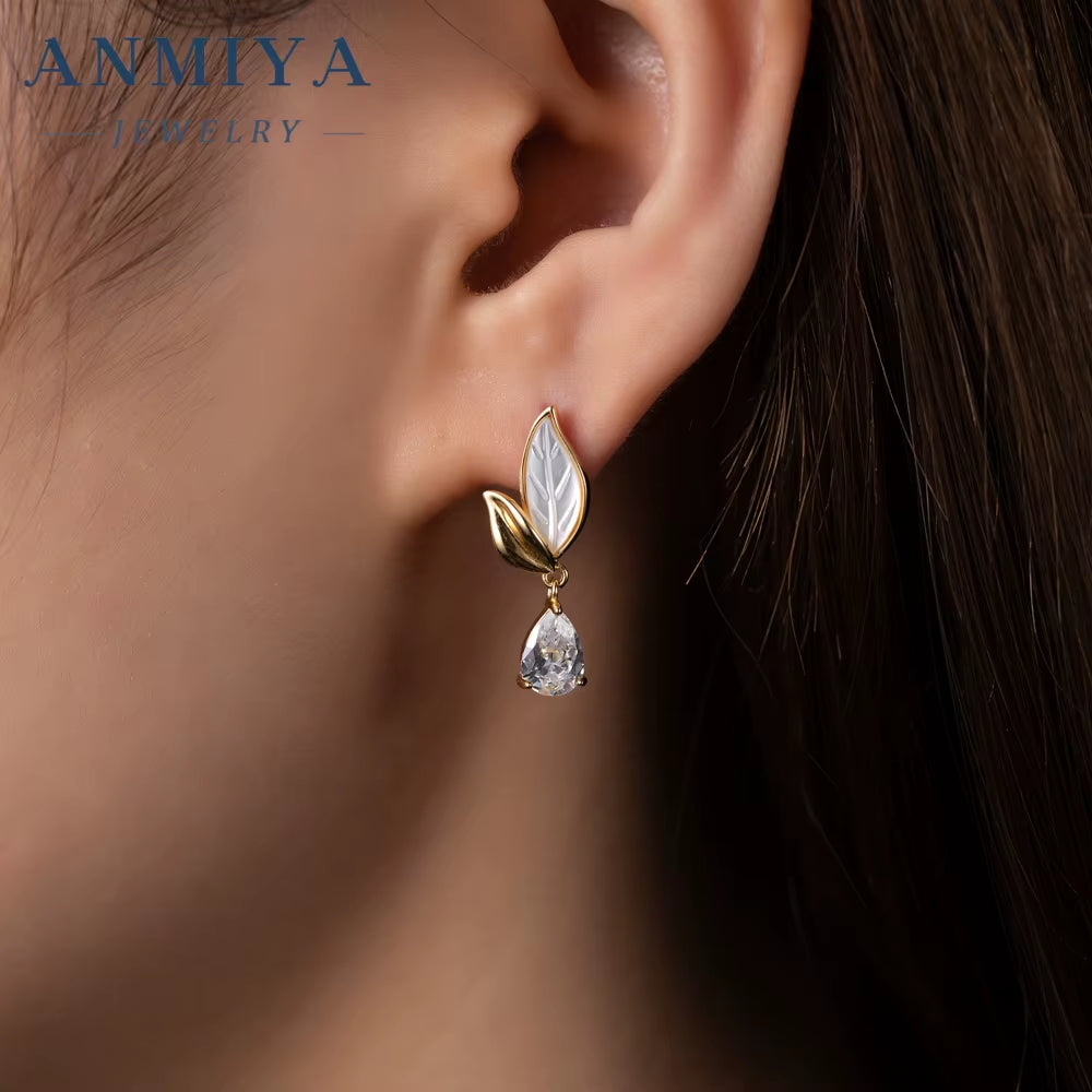 ANMIYA Long Leaf 18K Gold White Shell Drop Water Zircon 925 Silver Charm Pendant Necklace Earrings Set for Women