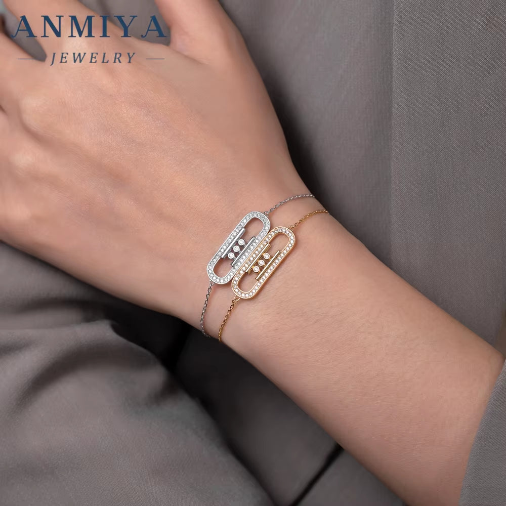 ANMIYA 925 Sterling Silver Bracelet Elegant Sliding Oval Design Sparkling Zircon Stones Perfect Necklace for Women