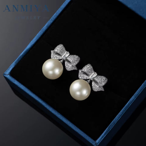 Wholesale Hypoallergenic Pearl Diamond Bow Dangle Shape Drop 925 Silver Plated Bow Earrings for Women