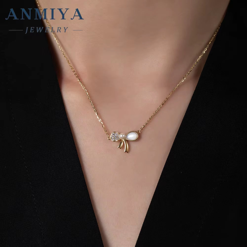 ANMIYA Trendy Jewelry Bow Necklace 925 Silver Bowknot Pendant Necklace Diamond White Shell Butterfly Necklace for Women