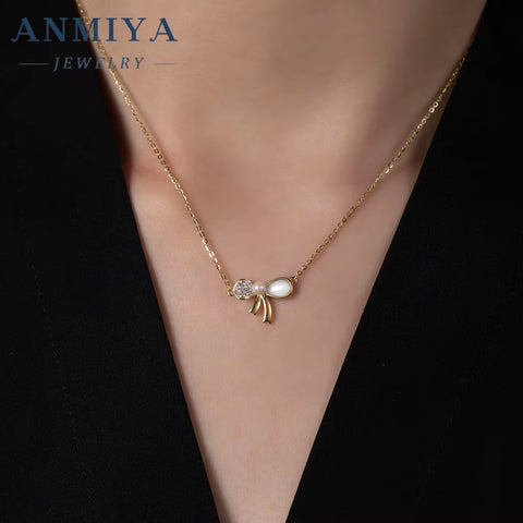 ANMIYA Trendy Jewelry Bow Necklace 925 Silver Bowknot Pendant Necklace Diamond White Shell Butterfly Necklace for Women