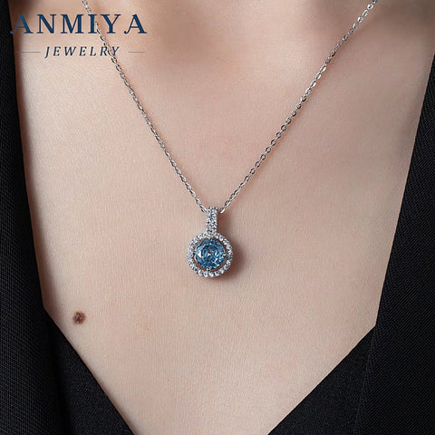 Luxury round Brilliant Cut Sky Blue Zircon 925 Silver Jewelry Fashion Necklace Women Necklace