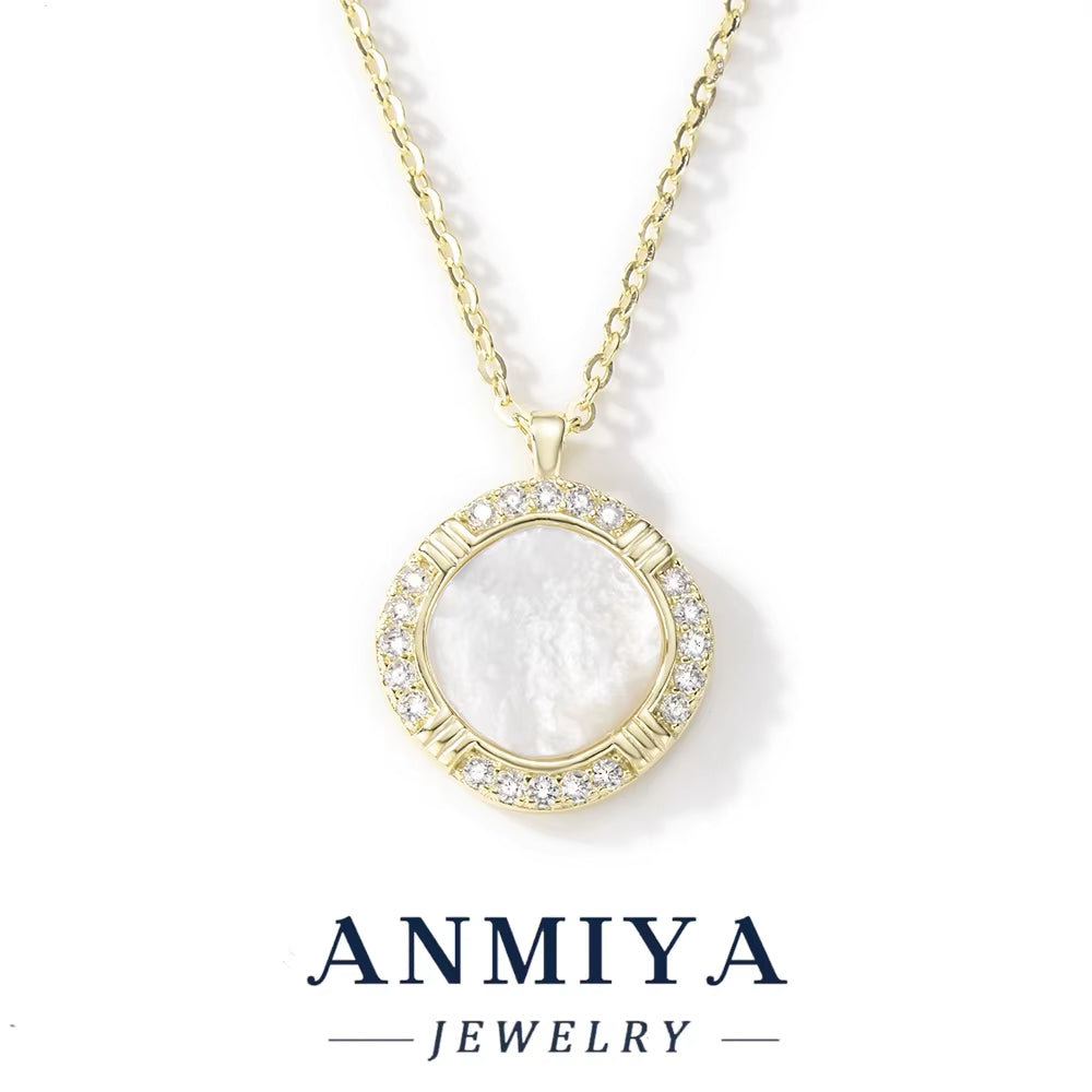 ANMIYA 925 Sterling Silver 14K Gold-Plated round Pendant White Shell Elegant Design Necklaces
