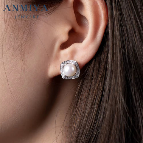 Wedding Bridal 925 Silver Dainty Sterling Silver Vintage Square Big Pearl Earrings for Women