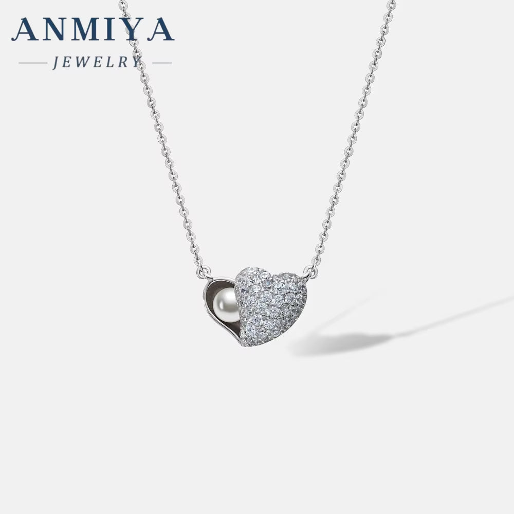 ANMIYA 925 Silver Cubic Zirconia Heart Fresh Water Pearl Shine Diamond Glaring Necklace for Women Fashion
