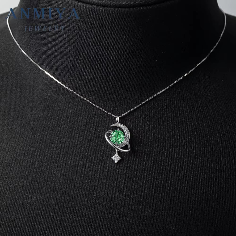 ANMIYA round Brilliant Ice Cut Green Zircon Star and Moon Star Shape Jewelry Necklace
