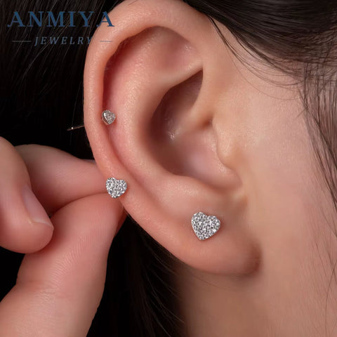 ANMIYA Women'S Gift Jewelry Cute 3 Pairs of Sweet Stud Earrings Cubic Zircon Heart 925 Sterling Silver Stud Earrings