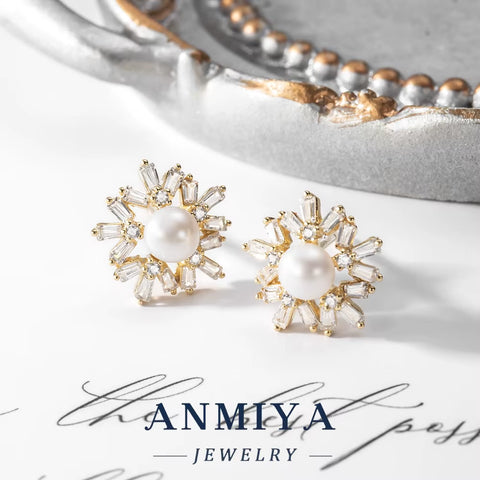 Customizable Silver 925 Jewelry Snowflake Shape Centered Pearl Inlay Necklace & Earrings Engraving Service for Gifts