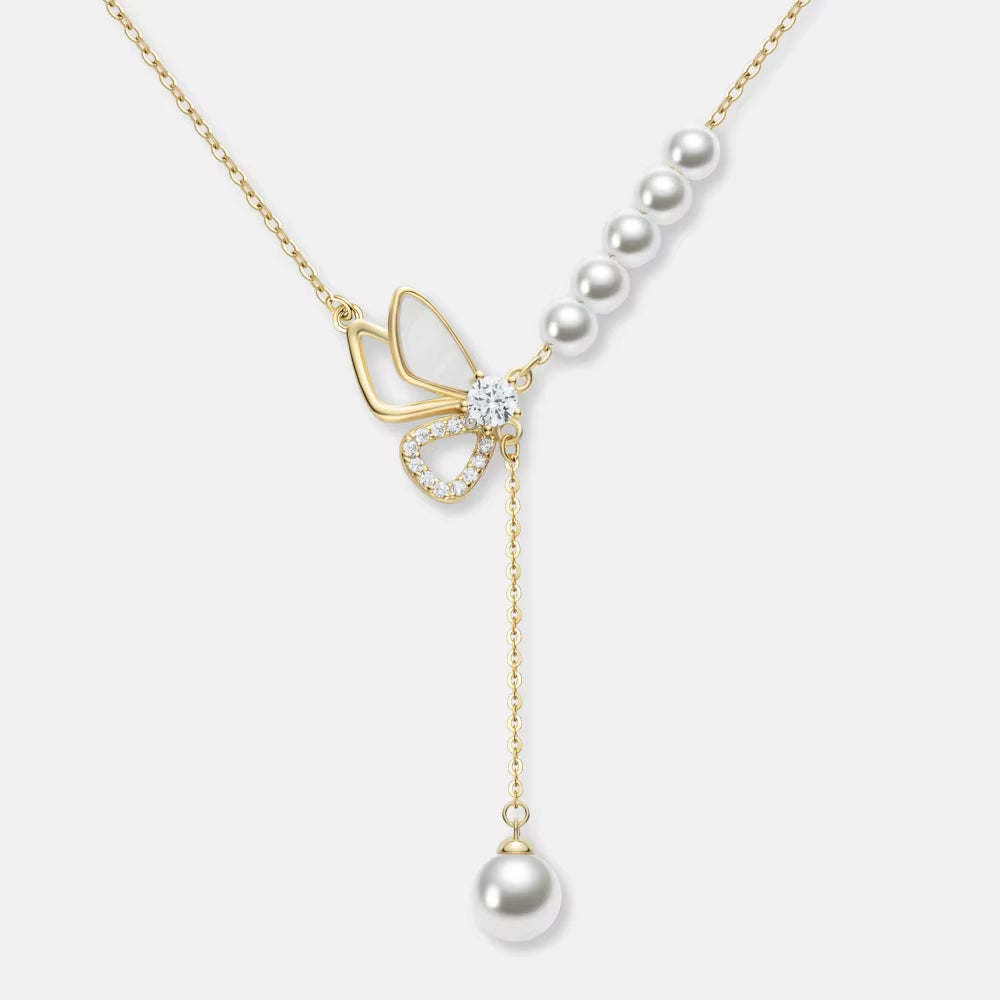 ANMIYA Butterfly Pearl 18K Gold Plated Fine Jewelry Fashion 925 Sterling Silver Charm Accessories Vintage Women'S Necklace