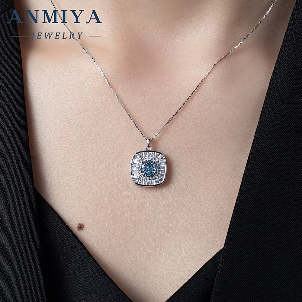 Luxury 925 Silver round Brilliant Cut Zircon Diamond Sapphire Square Necklace Jewelry for Women
