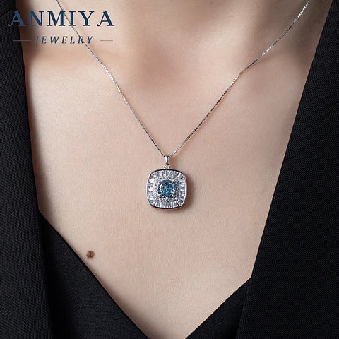 Luxury 925 Silver round Brilliant Cut Zircon Diamond Sapphire Square Necklace Jewelry for Women