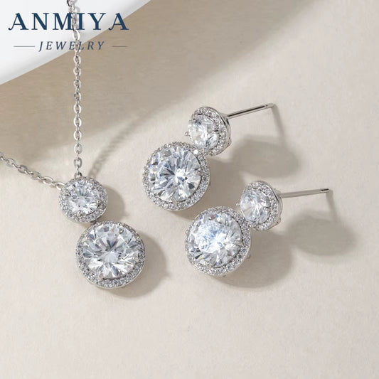 Glaring Fashion Jewelry Earrings Double round Zircon Set Lab Diamond Jewelry Earrings and Necklace for Women