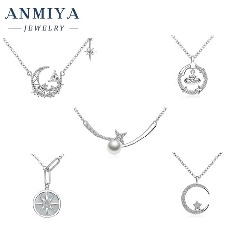 ANMIYA Star and Moon Shape Crafted 925 Sterling Silver Necklaces Pendant Fashion Jewelry Necklaces for Women