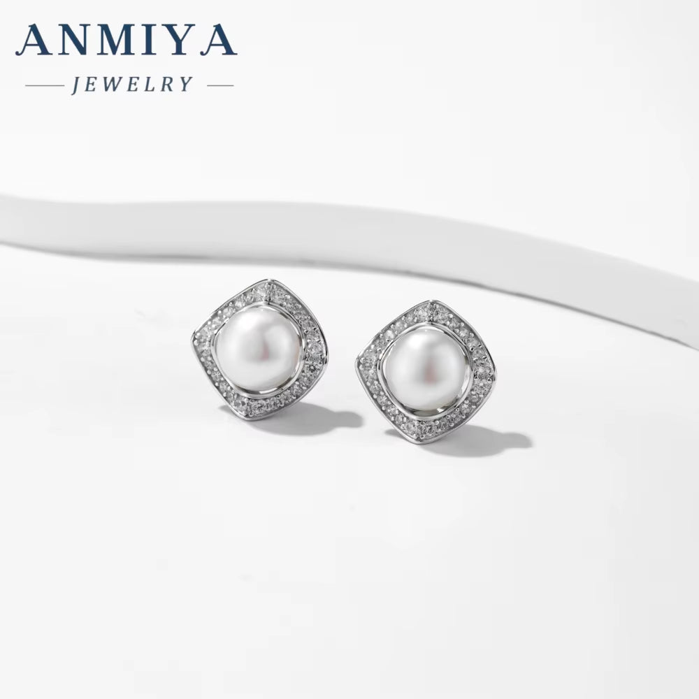 925 Silver Dainty Sterling Silver Vintage Square Big Pearl Earrings for Women