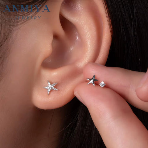 ANMIYA Summer Design Minimalist 925 Sterling Silver Starfish Stud Earrings Set for Women