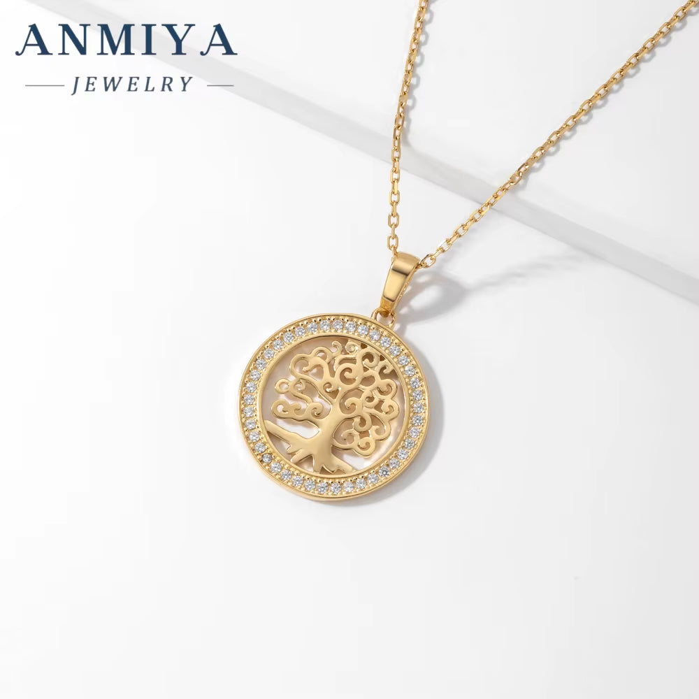 Rhinestones 925 Sterling Silver Necklace Gold Plated Diamond Inlaid Hollow Life Tree round Pendant Necklace for Women