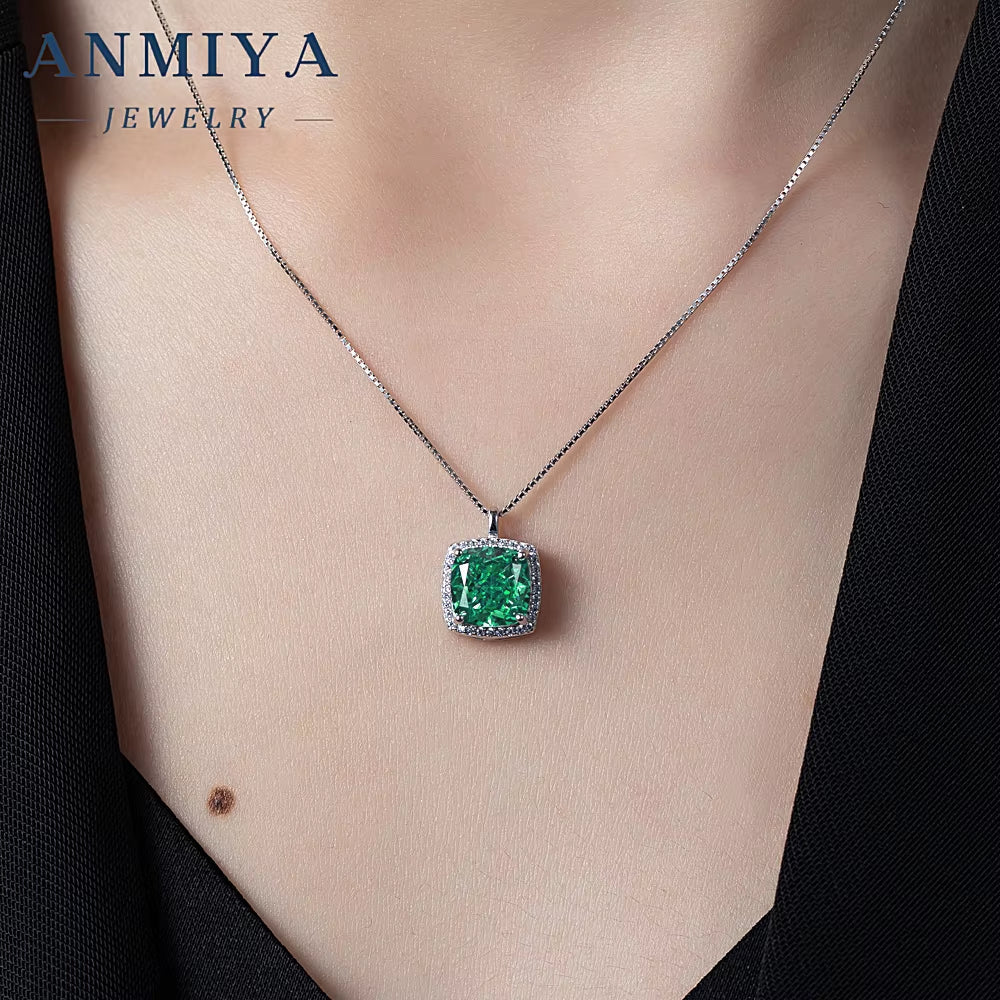 ANMIYA High Quality Green Zircon Cushion Cut Crafted 925 Sterling Silver Necklaces