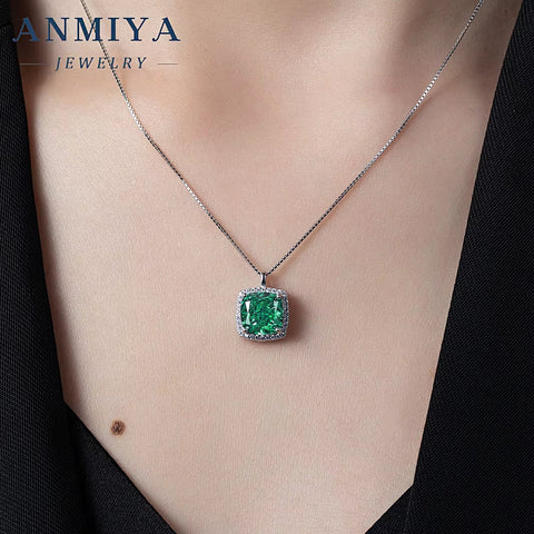 ANMIYA High Quality Green Zircon Cushion Cut Crafted 925 Sterling Silver Necklaces