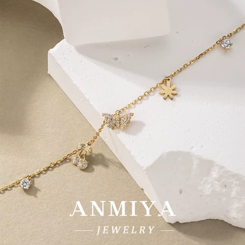ANMIYA Custom Wholesale Fine 925 Sterling Silver Zircon Bracelets Butterfly Cherry Bracelets for Kids