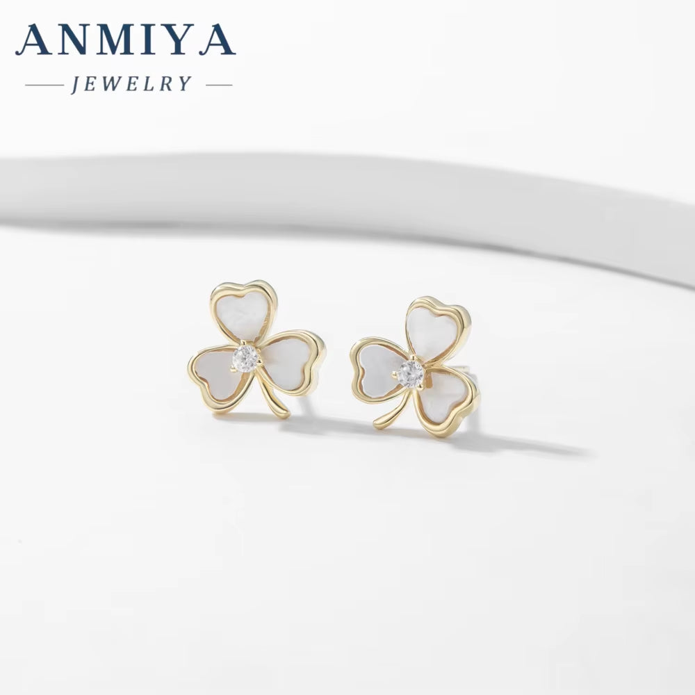 Jewelry Fashion Elegant Diamond Clover 925 Sterling Silver Women'S Gold Thick 18K Gold Plated Stud Earrings