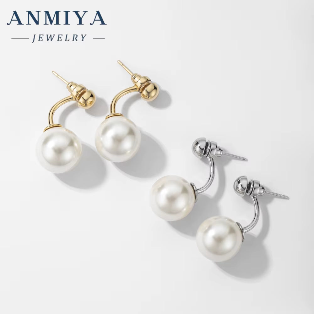 ANMIYA Korean Sterling Silver Pearl Crystal Earrings Gold Silver Color 925 Silver Stud Earrings for Women Jewelry