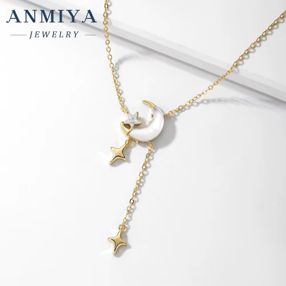 925 Unisex Fine Fashion Jewelry New Design Long Tassels Pendant Necklace with Star Moon Shape Featuring Zircon Stones