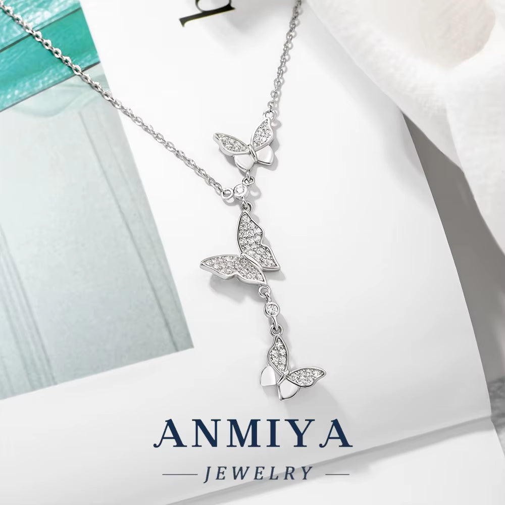 European and American Fashion 925 Silver Necklace with Butterfly Tassel Zircon Pendant Niche Design Jewelry Accessory