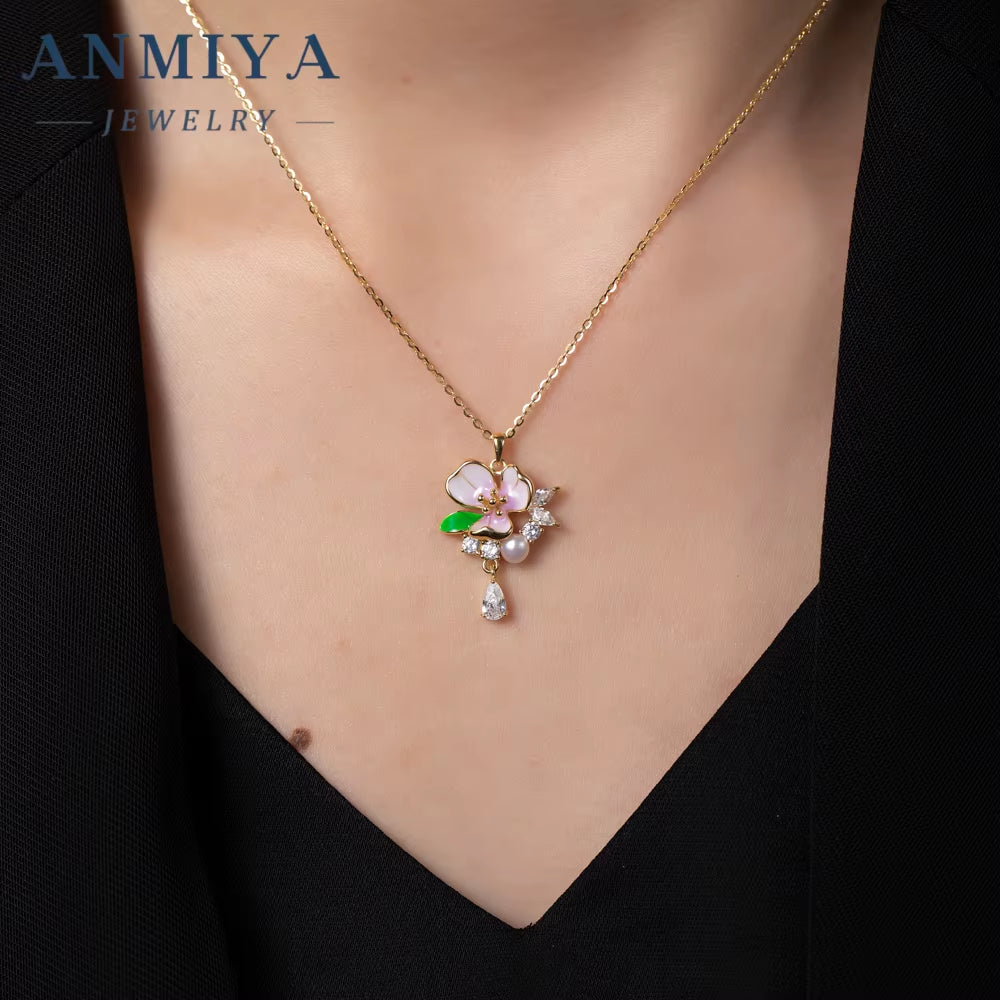 ANMIYA High Quality Summer Sweet Girls Cute Flower Pink Zircon 925 Silver Brand Necklace Earrings Sets