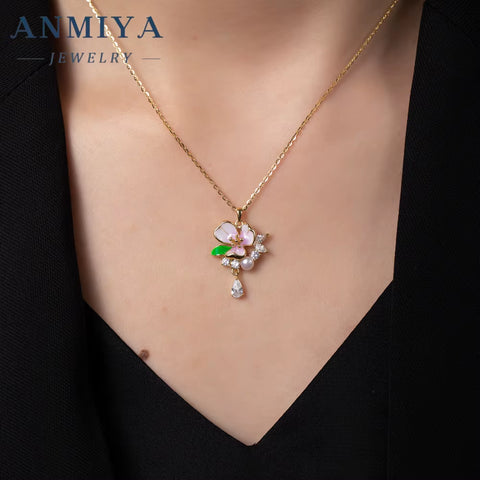 ANMIYA High Quality Summer Sweet Girls Cute Flower Pink Zircon 925 Silver Brand Necklace Earrings Sets