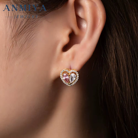 ANMIYA Hypoallergenic 18K Gold Plated Heart Pink Zircon High Quality Brand Necklace 925 Silver Earrings Set