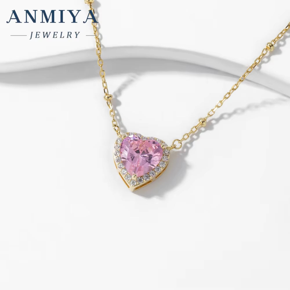 ANMIYA High Quality Pink Pear Ice Cut Heart Shape 925 Silver Jewelry Fashion Wholesale for Bestfriend Jewelry Girlfriend