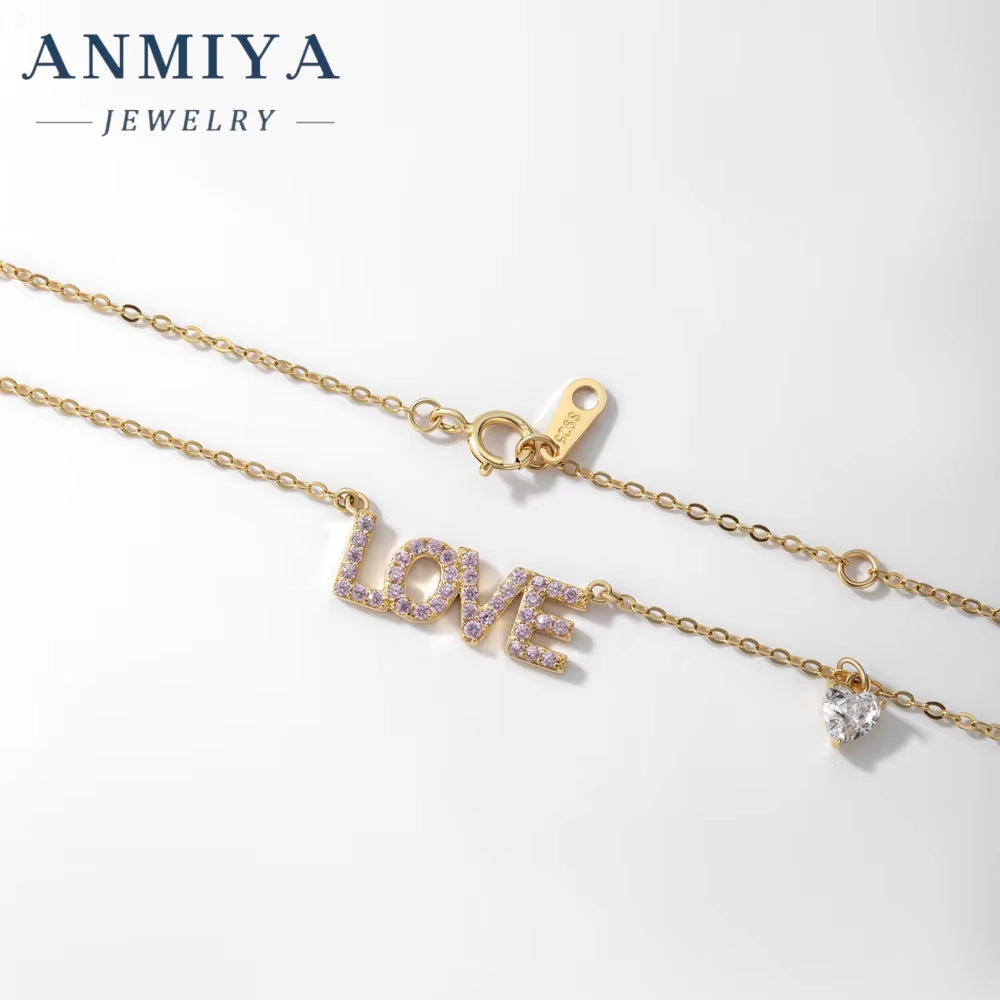 ANMIYA New Arrivals Rhinestone Necklace 925 Sterling Silver Necklace Love Letter Heart Pendant Necklace for Women
