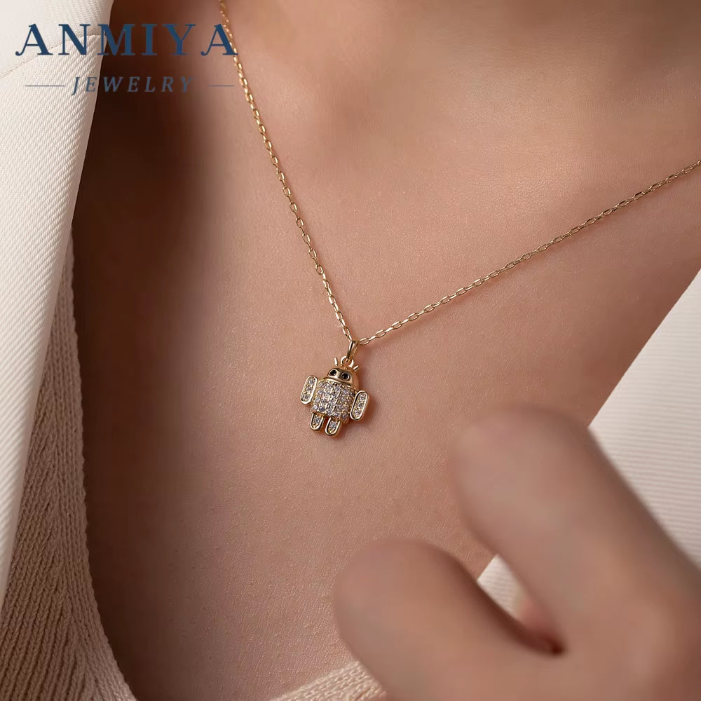 ANMIYA Unisex Accessory Jewelry Sterling 925 Silver Necklace Robot Charm Necklace with Zircon