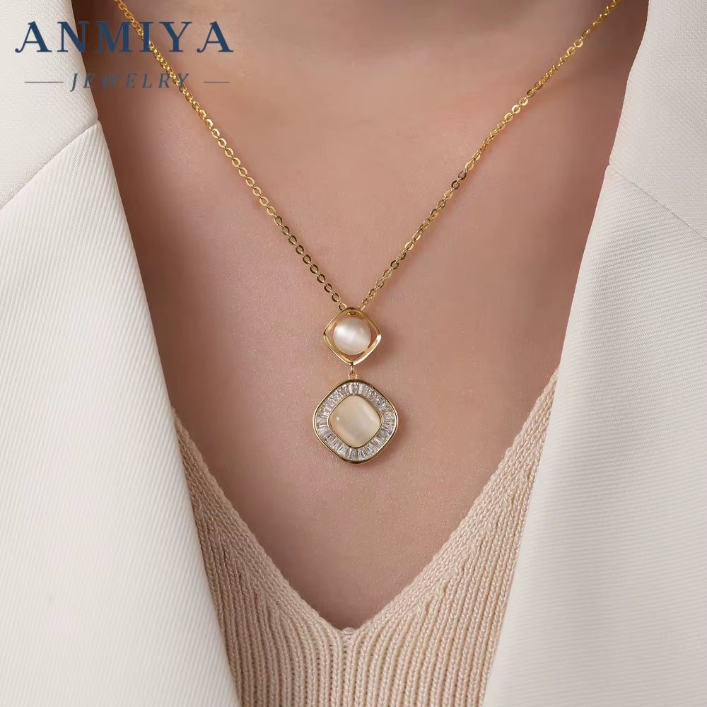 ANMIYA Glaring Gorgeous Anniversary Gift Geometric Diamond Necklace 18K 925 Silver Earrings Necklace Jewlery Set
