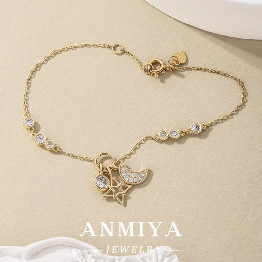 ANMIYA 925 Sterling Silver Moon Star Zircon Hand Chain Bracelet Trendy Unisex Jewelry Women Factory Wholesale Perfect Gift Idea