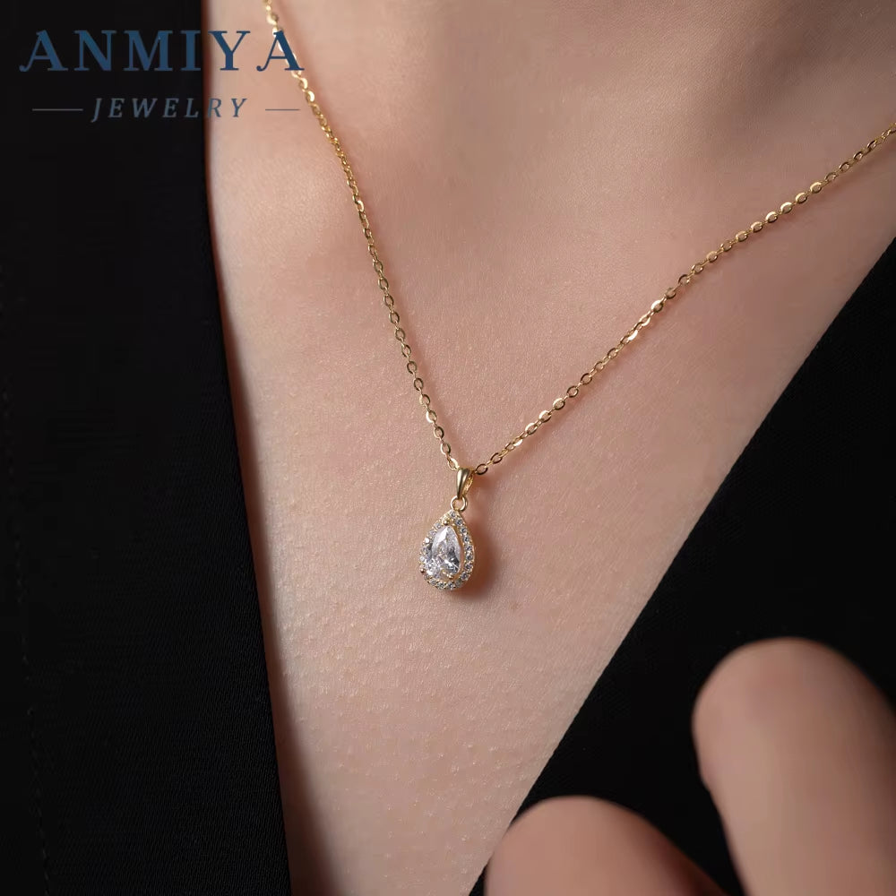 ANMIYA Classic 925 Sterling Silver Water Drop Pendant 5A Cubic Zircon Chain Necklace for Girl Fine Jewelry Set