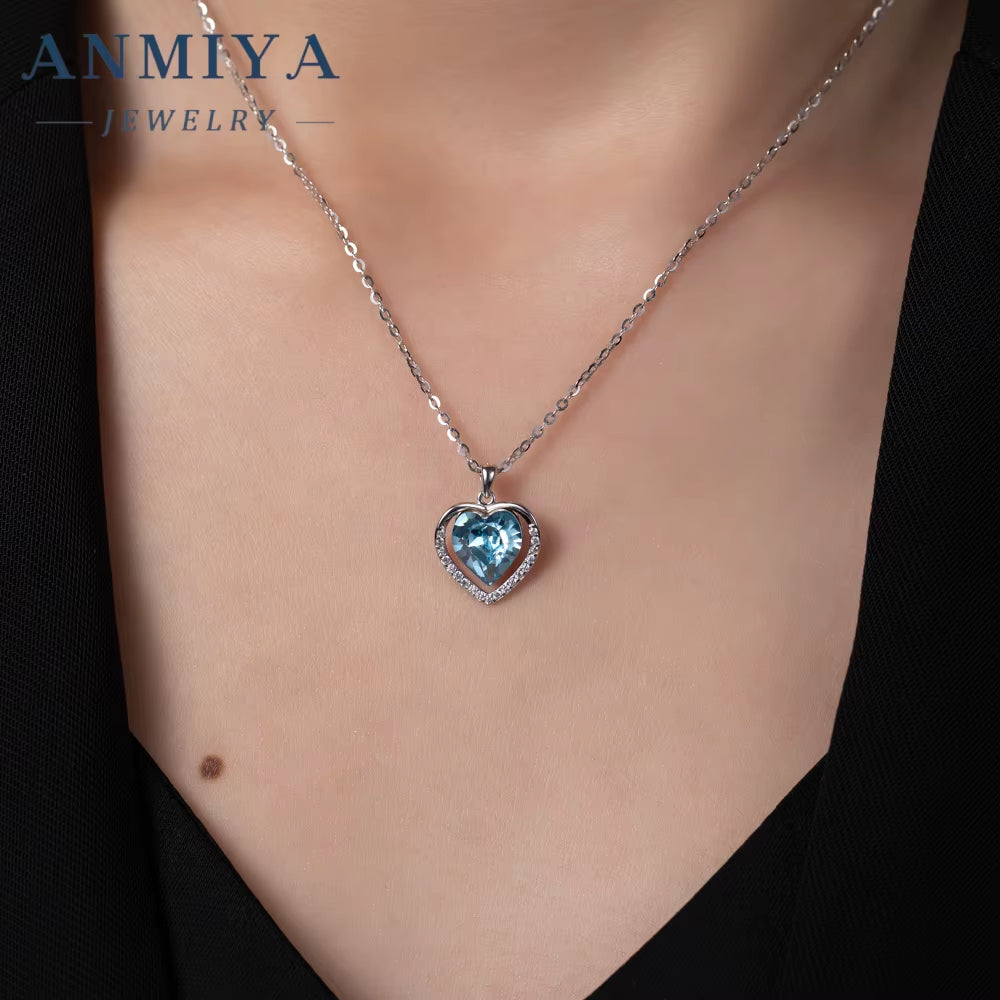 ANMIYA Delicate 2 Set Sapphire Heart Earrings Sparkling Cubic Zirconia CZ Blue Ocean Heart Necklace Jewelry Set