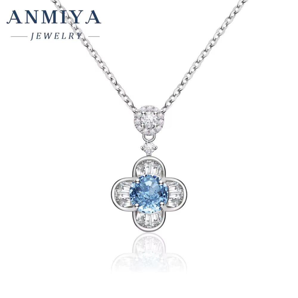 Fine Gemstone Jewelry 925 Sterling Silver round Cut CZ Sapphire Necklace Jewelry