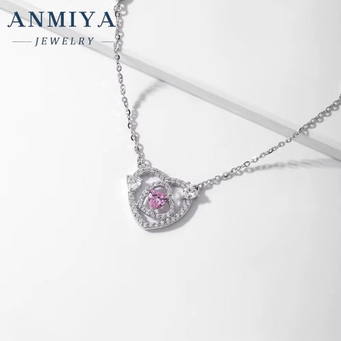 Popular Sterling Silver 925 Fashion Love Heart Jewelry Heart Cut Hollow Pink Stone Zircon Pendant Necklace for Women