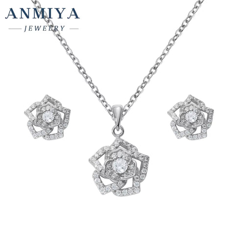 Women White or Rose Gold Plated White Zircon Roses Flowers S925 Necklace and Earrings Set Dubai Gold Jewelry Set